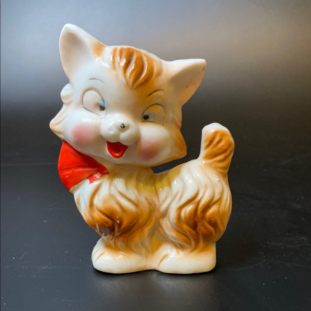 Vintage Ceramic Cat Figurine with Red Scarf